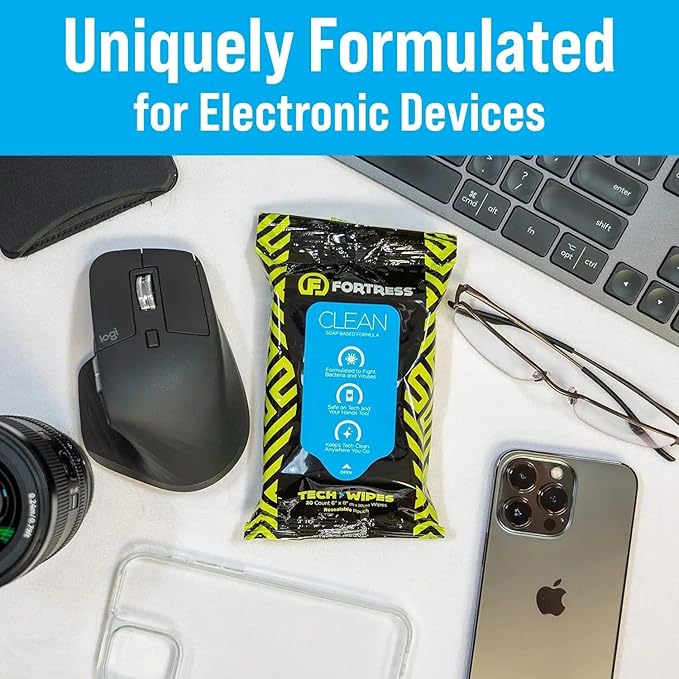 Fortress Electronic Wipes With Microfiber Cloth (25 ct, Pack of 24) To-Go Tech Wipes for Screens, Phones, Keyboards, TV Monitors, Computer Screens, and More [Travel Size] Skin-Safe