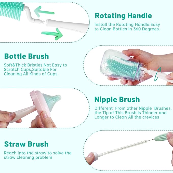 Bottle Brush Set,Travel Bottle Cleaner Kit with Baby Bottle Brush,UV Light,Straw Brush,Nipple Brush,Bottle Drying Rack for Home and Travel