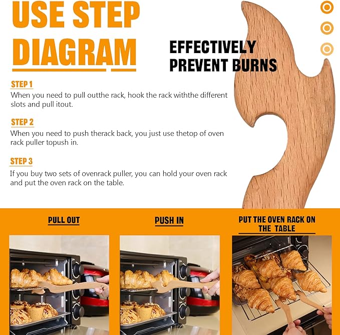 Oven Rack Puller, Wood Oven Rack Push Pull Tool, Prevent Scalding, Pull out Hot Racks Safely, Long Handle Toaster Oven Accessories,Suitable For Kitchen Oven, Air fryer,etc (2)