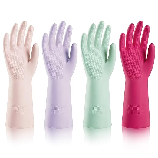 ThxToms 4 Pairs Nitrile Cleaning Gloves, Latex free Reusable Dishwashing Gloves for Women, Kitchen and Bathroom Cleaning, Non-Slip &Flexible, 10 Mil, Colorful, S