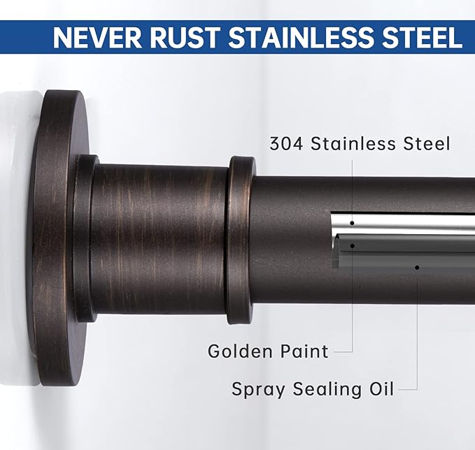 BRIOFOX Industrial Shower Curtain Rod - Never Rust Non-Slip 43-72 Inch Stainless Steel, Bronze, Painted-gold Finial