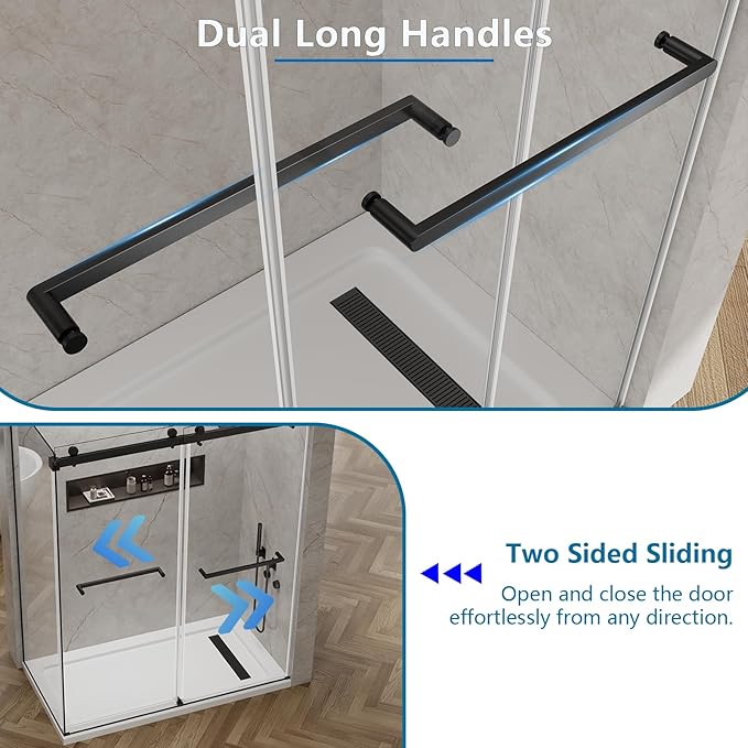 60x76 in Frameless Double Sliding Shower Door with 32x76 in Side Panel, Nano Glass, 304 Stainless Steel in Matte Black, L-Shape Design, Reversible Install