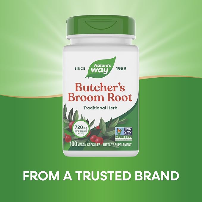 Nature's Way Butcher’s Broom, Traditional Herb, 720 mg per 2-Capsule Serving, Non-GMO Project Verified, 100 Vegan Capsules (Packaging May Vary)
