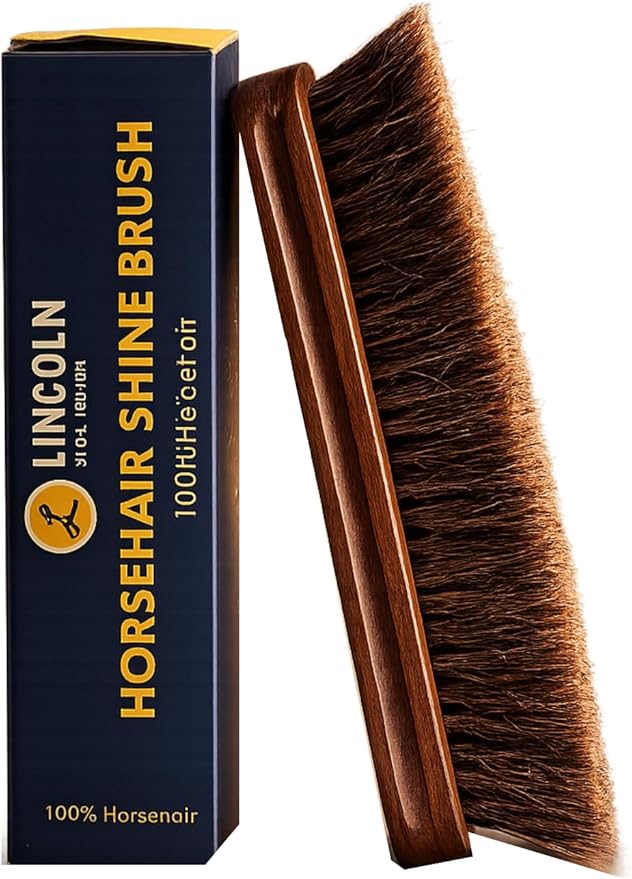 Lincoln Horsehair Shoe Shine Brush – 100% Genuine Horsehair Bristles & Ergonomic Concave Wood Handle – Premium Shine Brush for Leather Shoes, Boots & Accessories