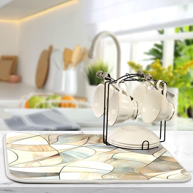 Abstract Stained Glass Pattern Dish Drying Mat for Kitchen Counter Absorbent Microfiber Drying Pad, Medium 16x18 in