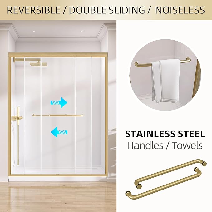 GETPRO Shower Door 56-60 in. W x 75 in. H Semi-Frameless Double Sliding Glass Shower Doors Bypass Glass Door for Walk-in Shower with 5/16 inch Tempered Glass Brushed Gold Hardwares