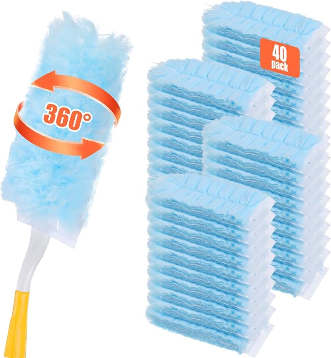 40 Count Duster Refills for Most Duster Handle, 360° Heavy Duty Duster Refills Disposable Microfiber Dusters with 2 Hands for Dusting Cleaning (Blue)