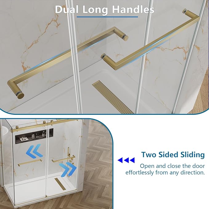 60x76 in Frameless Double Sliding Shower Door with 32x76 in Side Panel, Nano Glass, 304 Stainless Steel in Brushed Gold, L-Shape Design, Reversible Install