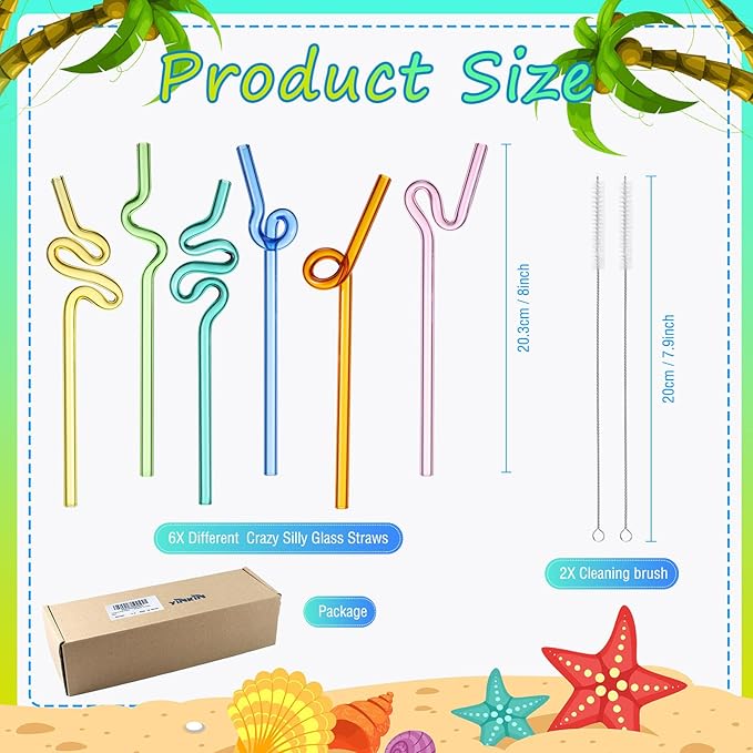 Yinkin 6 Pcs Wavy Glass Straws Reusable Curved Straw Shatter Resistant with 2 Cleaning Brushes Clear Silly High Borosilicate for Kids Adults Smoothies Juice (Colorful, 8 Inch)