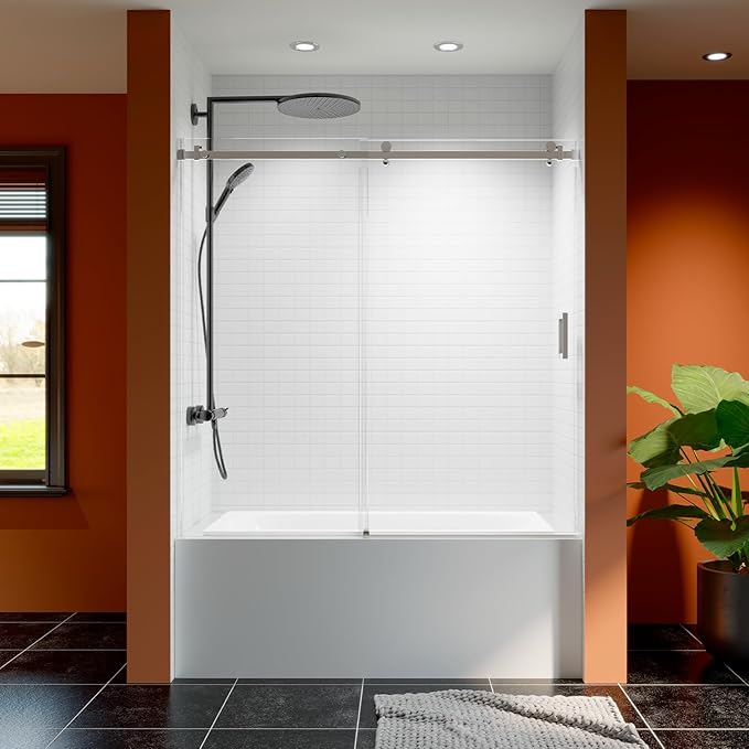 56-60 Inch Frameless Sliding Shower Door, 60" Height, 5/16" (8mm) Clear Tempered Glass Bathtub Door, Smooth Gliding Track & Anti-Jumping System, Stainless Steel Chrome Finish