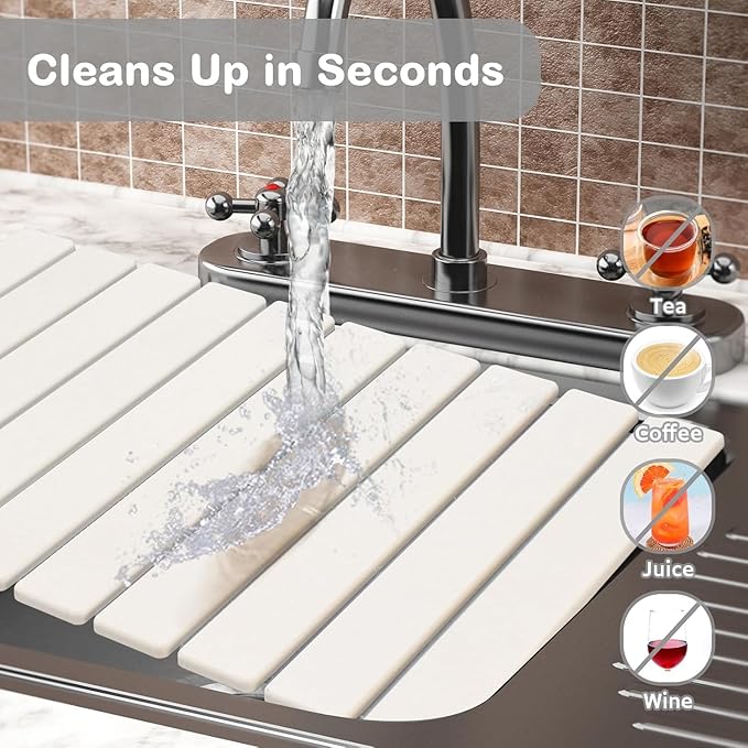 Large Stone Dish Drying Mat for Kitchen Counter, 24"(L)×16"(W), Super Absorbable Diatomaceous Stone Mat, Collapsible Stone Dish Drying Mat for Dishes Bottles, Cups, Match Any Countertop