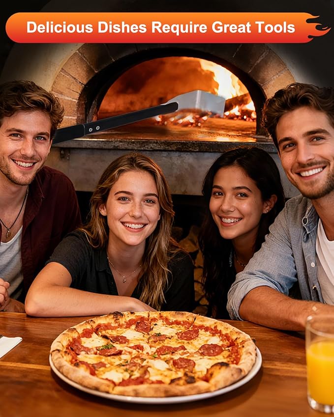 6PCS Pizza Turning Peel, 9 &12 Inch Perforated Pizza Peel, Pizza Brush, Ash Rake, Bubble Spinner Turning Fork, Heat-Resistant Oven Mitts, Pizza Oven Utensil Kit with 40 Inch Aluminum Handle