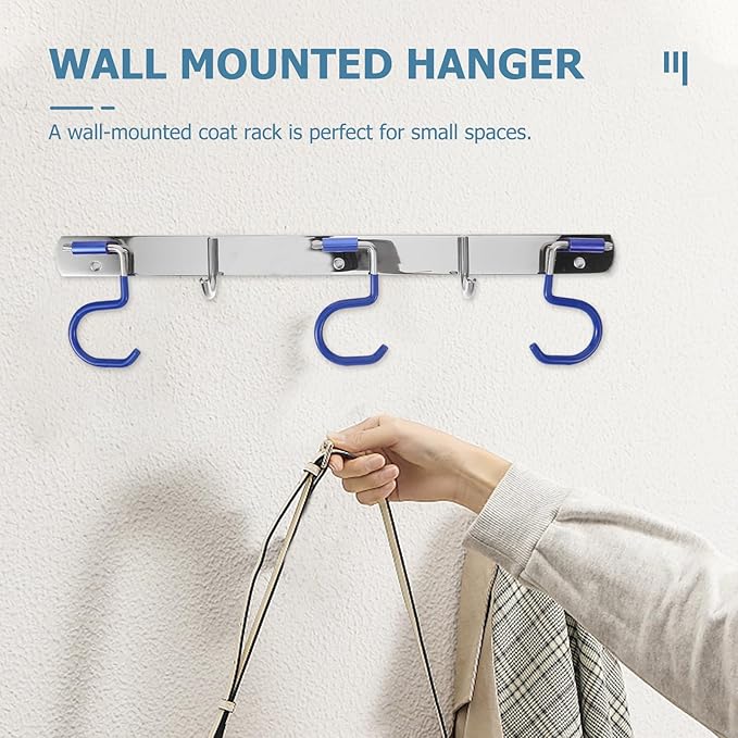 BESPORTBLE Stainless Steel Wall-Mounted Mop Holder and Multi-Function Storage Rack with 3 Mop Slots and 2 Hooks, No Drilling Installation for Bathroom, Kitchen, and Laundry Organization