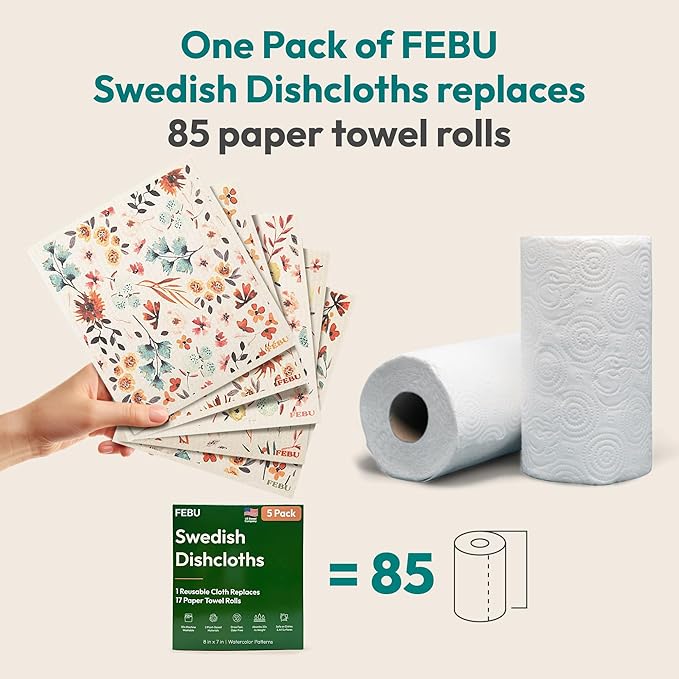 FEBU Swedish Dishcloths for Kitchen | 5 Pack Fresh Flowers Reusable Paper Towels Washable | Swedish Dish Towels | Non-Scratch Cellulose Sponge Cloths | No Odor, Biodegradable Cleaning Cloths