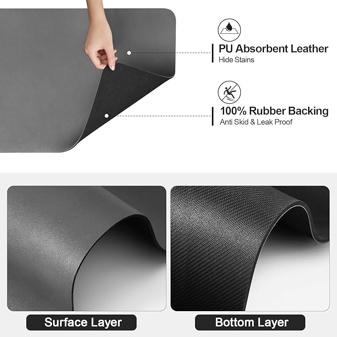 Dish Drying Mat for Kitchen Counter | Coffee Bar Mat for Countertops | Heat Resistant Drainer Mat with Non-slip Rubber Backed | Hide Stain Kitchen Absorbent Draining Mat | Dark Grey 16"x24"