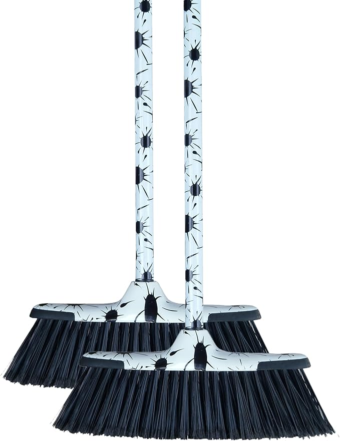 Superio Design Broom, Fancy Black and White Angle Broom, Cute Splash Design Kitchen Broom with Safety Bumper, 48" Indoor and Outdoor Sweeping Tool 2-Pack