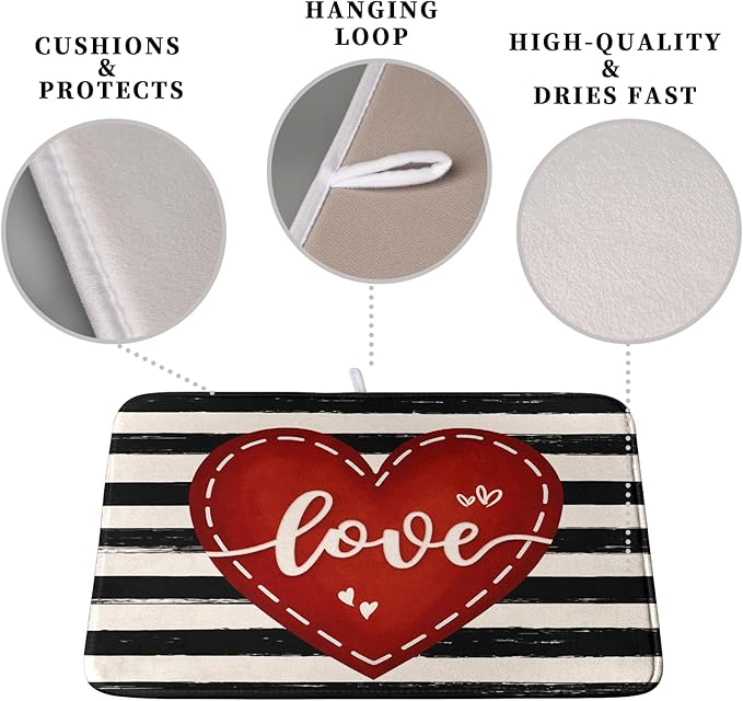 Valentine's Day Dish Drying Mat for Kitchen Counter 16x18 Black White Stripes Red Love Heart Dishes Drainer Mats Absorbent Dish Pad Large Dish Draining Mat for Coffee Bar
