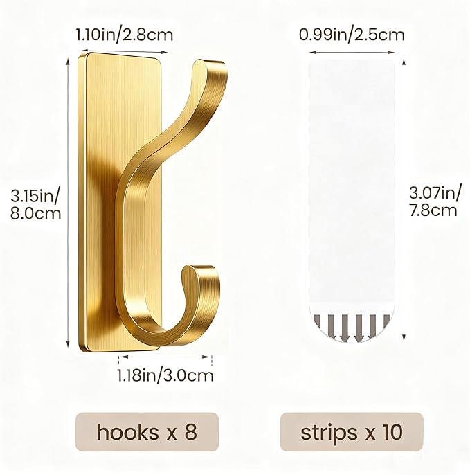 pickpiff Wall Hooks with Adhesive Strip - Easy to Remove, No Residue, Strong Heavy Duty Sticky Towel Hook, 8 Pack Brushed Gold