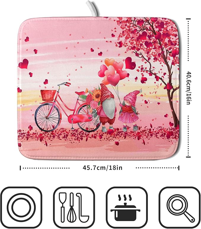 Pink Heart Valentine's Day Gnomes Dish Drying Mat for Kitchen Counter,Pink Bicycle Love Tree Drying Mat 16 x 18 Inch with Absorbent Reversible Microfiber Dish Drying Pad Dish Rack Pad for Coffee Bar