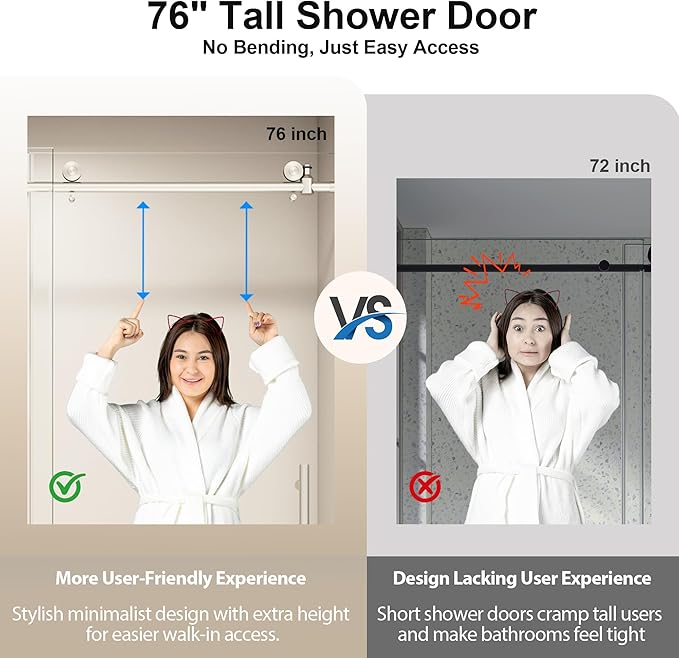 49-54” W x 76" H Single Sliding Shower Door, Frameless Shower Door with Explosion-Proof Film and Nano Coating, 1/4” (6MM) SGCC Tempered Glass, Stainless Steel Hardware, Brushed Nickel
