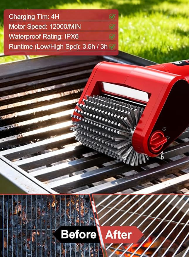 Electric Grill Brush with LED Light, 650 RPM High-Speed Non-Shedding Spinning Cleaner, Removable Washable Brush Head and 2 Scouring Pads, Rechargeable BBQ Cleaning Tool for Outdoor Grilling & Camping