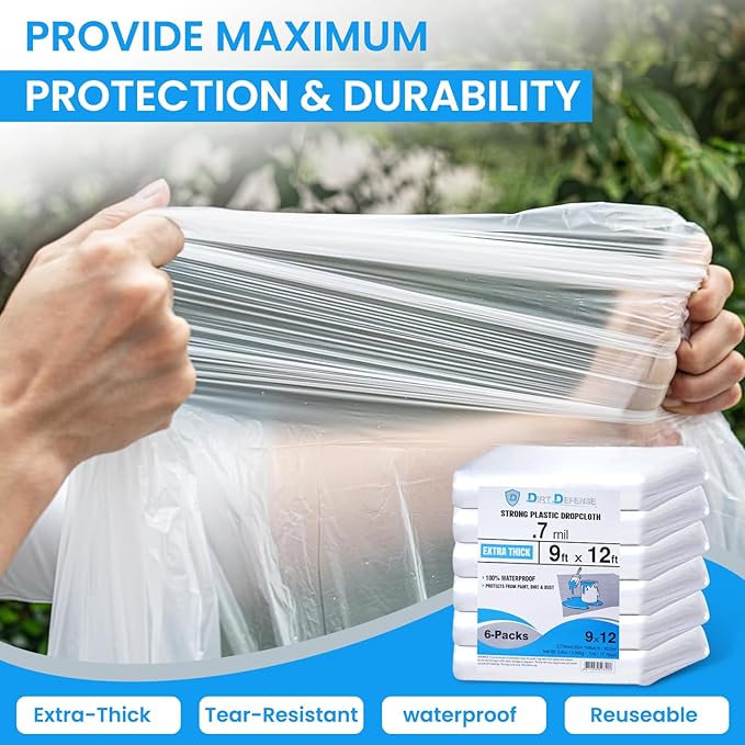 Dirt Defence Plastic Drop Cloth, 9x12 Ft Plastic Sheeting for Painting, Waterproof & Dust-Proof,Tear-Resistance Plastic Tarp for Painting, Floor, Furniture Cover Thick & Durable (6 PCS)