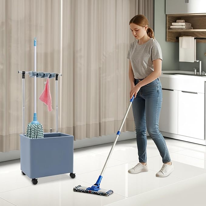 Floor Mop Sink, Mop Service Basin with Cleaning Tool Rack, Floor Mount Slop Sink with Wheels, With Drainage, for Kitchen, Laundry Room, Bathroom and Industrial Use (3 Mop Slots/4 Hooks)