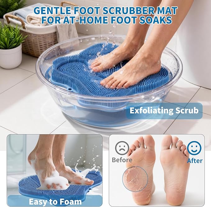 Show Foot Scrubber Mat & Silicone Back Scrubber with Butterfly Form Design,3 Brush Designs for Deep Cleaning Shower Foot Scrubber Mat, Wall Mounted Back Scrubber Silicone Bath(Blue)