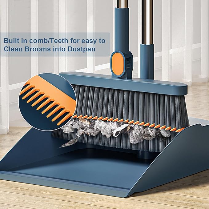 Broom and Dustpan Set, Long Adjustable Handle Indoor Sweeping Brooms, 180° Rotating Broom with Standing Storage and Scraping Teeth Dustpan to Clean Hair for Home Kitchen