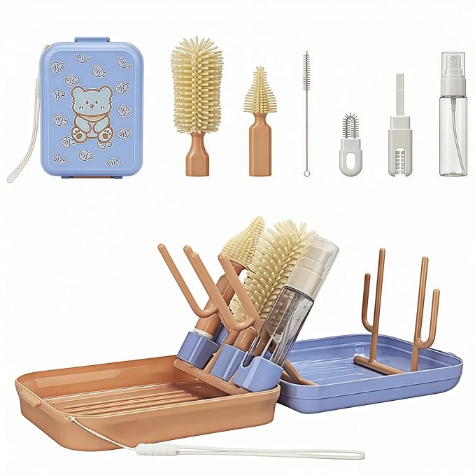 8-in-1 Baby Bottle Brush Set, Silicone Baby Bottle Cleaning Kit with Drying Rack, Portable Travel Brush & Accessories for Home and Travel (Orange)