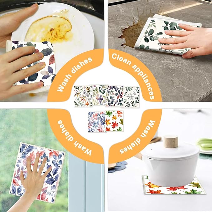 6 Pack Swedish Dishcloths for Kitchen - Reusable Dish Paper Towels Wash Cloths Washable,Absorbent Cellulose Cleaning Sponge Cloth Wipes Quick Dry, Decorative Tea Towels,No Odor Biodegradable(Flowers)
