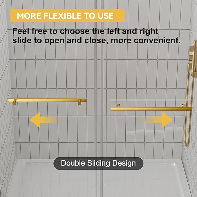 56"-60" W x 75" H Frameless Shower Door, Double Sliding Shower Door,5/16"(8mm) Clear Tempered Glass,Silent Soft-Close Design,Brushed Gold