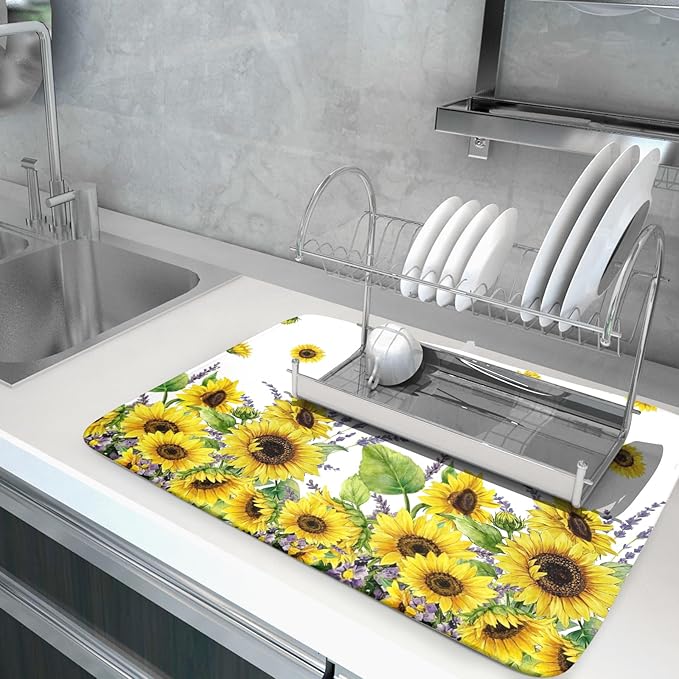 Sunflower Dish Drying Mat for Kitchen Counter 24x18 Inch Floral Lavender Drying Mat with Absorbent Reversible Microfiber Season Spring Summer Dish Drainer Mats Rack Pad for Coffee Countertop Protector