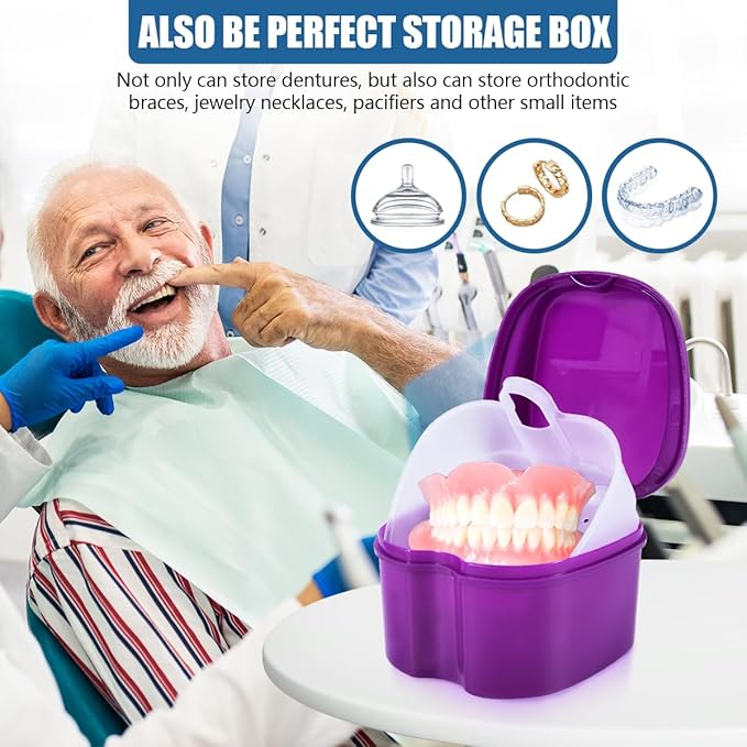 2 Pack Denture Bath Case Cup Box Holder Storage Container with Denture Cleaner Brush Strainer Basket for Travel Cleaning (White and Purple)