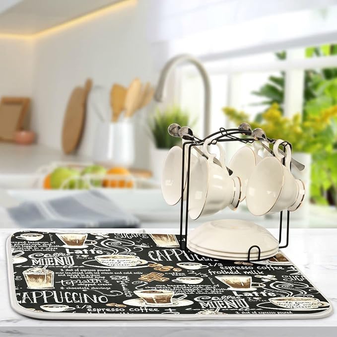 Coffee Black Dish Drying Mat for Kitchen Coffee Beans Maker Cappuccino Latte Chocolate Microfiber Drying Mats Absorbent Reversible Dish Pad Medium Dish Draining Mat 16x18 inch