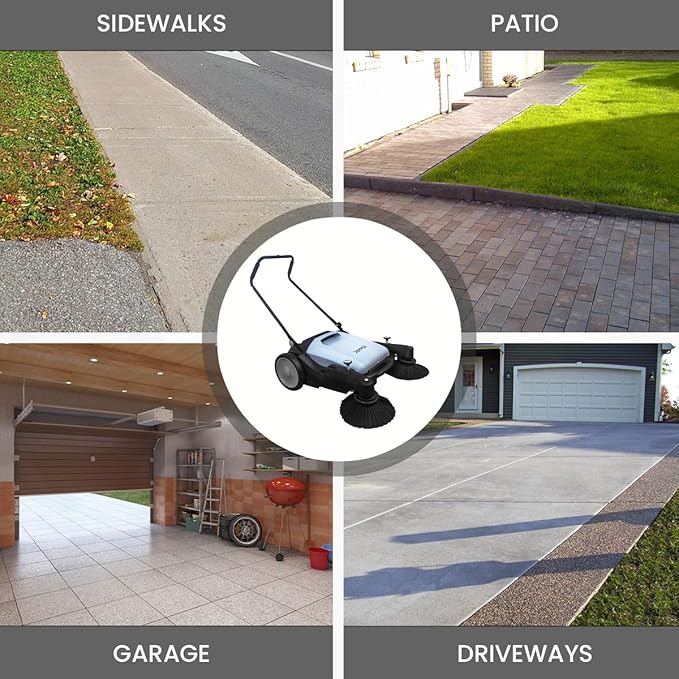 Walk-Behind Outdoor Hand Push Floor Sweeper - 10.5 Gallon Capacity - 36" Sweeping Width - Sweeps up to 39,500 ft/Hour, Grey