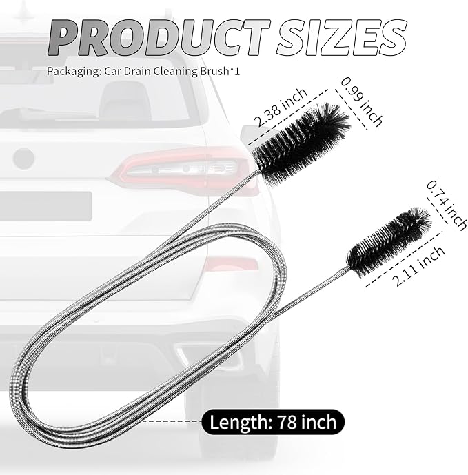 78" Long Flexible Car Drain Cleaning Brush,Stainless Steel/Nylon Pipe Cleaner Brush with Double Head,Slim Car Drain Brushes Pipe Cleaning Tool as Auto Sunroof Drains Cleaner