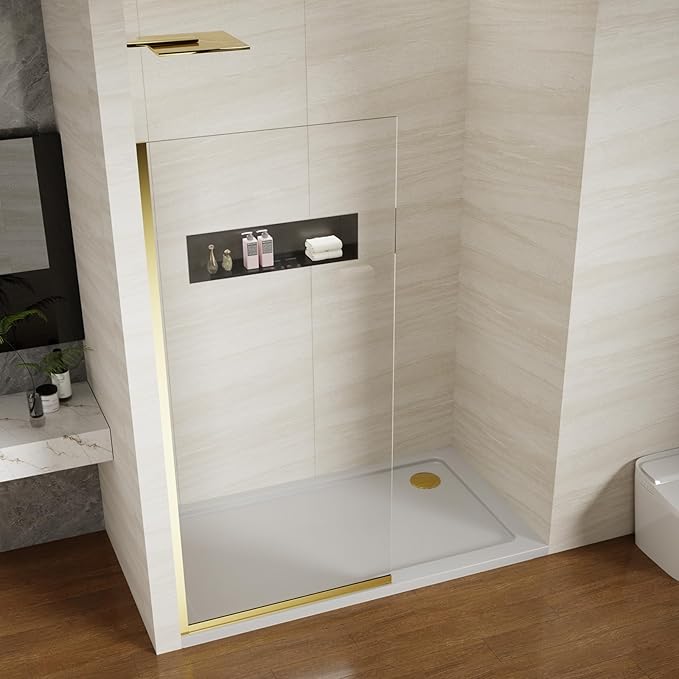 Shower Screen 36" x 76" Half Frameless Shower Wall Panel, Tempered Glass 3/8 inch, Easy to clean Coating, Fixed Glass Shower Door with Hardware (Brushed Gold)