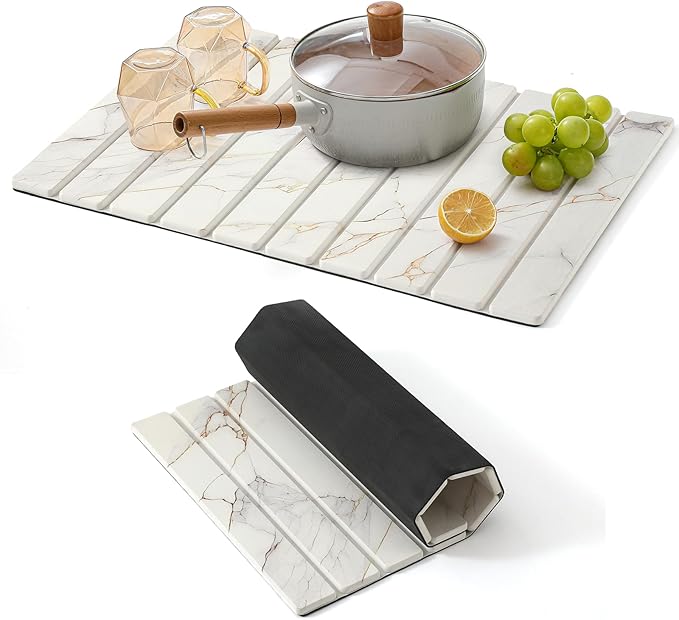 Large Stone Drying Mat for Kitchen Counter - 23.4" x 15.4" Quick Drying Foldable Dish Drying Mat - Super Absorbent Diatomaceous Earth Mat - Stone Dish Drying Mat for Cups Bottles