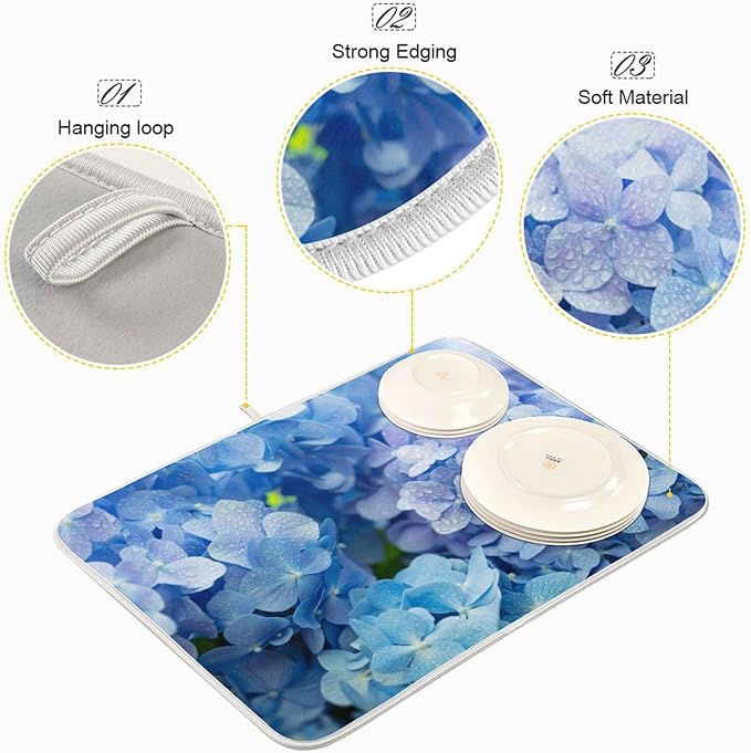 Tarity Blue Hydrangeas Dish Drying Mat for Kitchen Counter Absorbent Heat Resistant Microfiber Dishes Drainer Mat 18x24 in Large Dish Pad Sink Mat Protective Pad Kitchen Decor