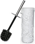 White Floral Branches Design Resin Toilet Bowl Brush and Holder Set, Elegant Bathroom Cleaning Tool with Durable Bristles, Compact and Functional
