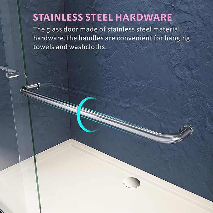 Chrome Shower Glass Door 50-54'' x 72'',Splash-Proof Adjustable Stainless Steel Rails Semi-Frameless Door Design,SGCC/ANSI Certified Clear Tempered Glass for Bathroom