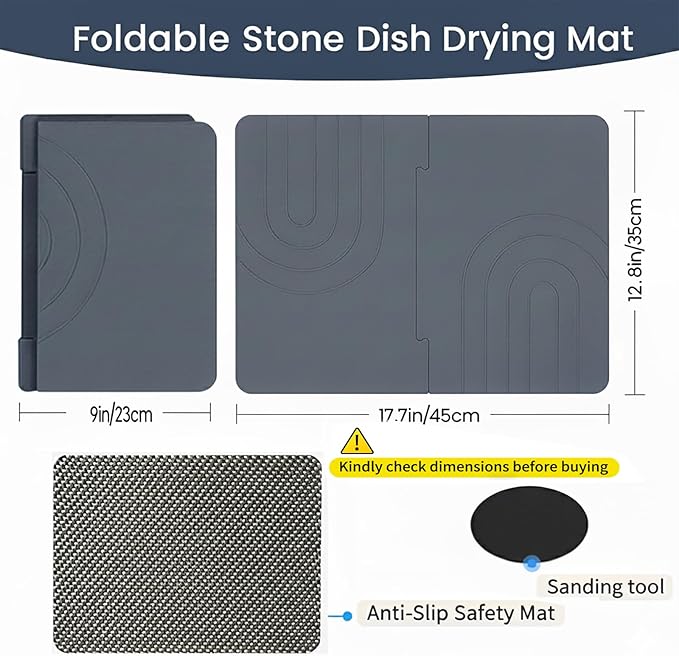 Stone Drying Mat for Kitchen Counter with 5 Wooden Feet, Dark Gary 19.7"×14.7" Diatomaceous Earth Dish Drying Mat, Elevated Drying Stone Mat for Modern Kitchen Countertop (Light Gray, Small)