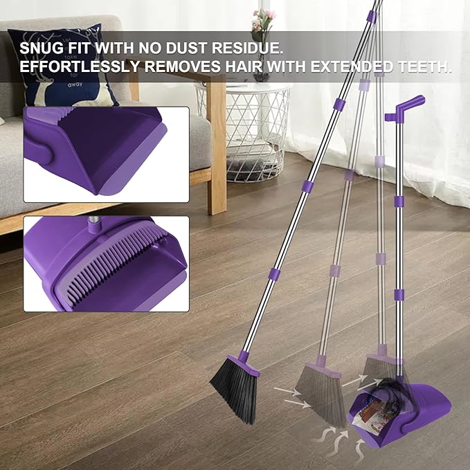 Purple Broom with Dustpan Combo Set, 51" Long Handle Household Kit for Home for Pet Hair