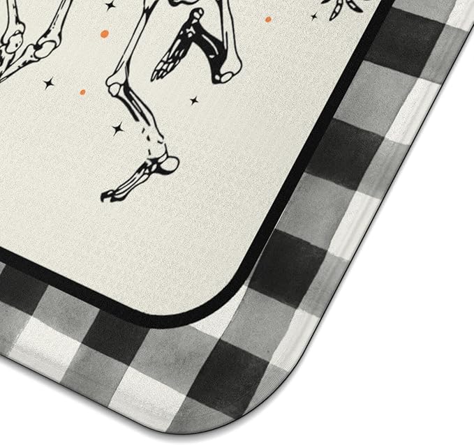 Halloween Dish Drying Mat for Kitchen Counter,Funny Skeleton Pattern Microfiber Drying Mat,Black and White Buffalo Plaid Background Washable Absorbent Countertop Holiday Dish Mat Drain Mat,16x18In