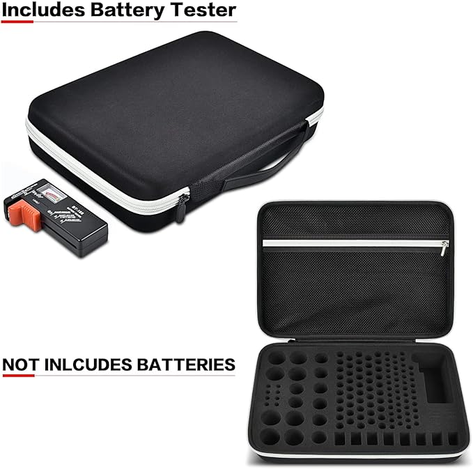 Battery Storage Organizer Box with Tester BT-168, Variety Case Holds 140+ AA, AAA, C, D, 9V, Lithium 3V Button Batteries- Not Includes Batteries(Black)