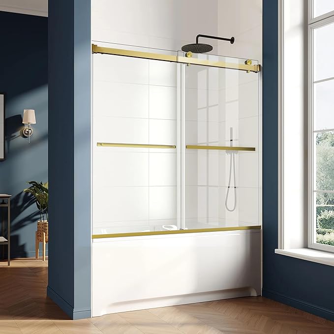 Bathtub Shower Door, 60" W x 58" H Semi-Frameless Sliding Shower Door for Bathtub, 5/16" (8mm) Certified Clear Tempered Glass, Brushed Gold