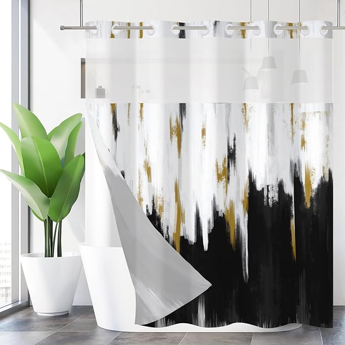 No Hook Shower Curtain with Snap in Liner, Hotel Style Black White Gold Brush Strokes Art Modern Shower Curtain Waterpoof Washable with See Through Top Window,71"x86"