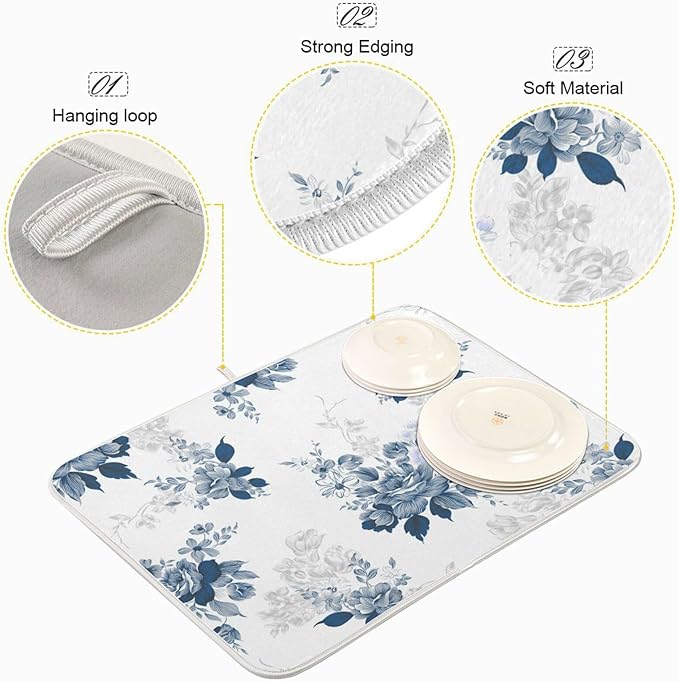 Tarity Watercolor Blue Flower Dish Drying Mat for Kitchen Counter Absorbent Heat Resistant Microfiber Dishes Drainer Mat 18x24 in Large Dish Pad Sink Mat Protective Pad Kitchen Decor
