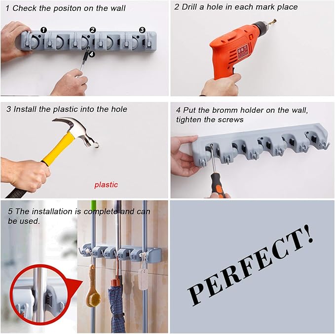 Wall Mount Broom Mop Holder Hanger Garden Tool Organizers Rack Garage Laundry Room Organizations and Storage with Hooks Heavy Duty